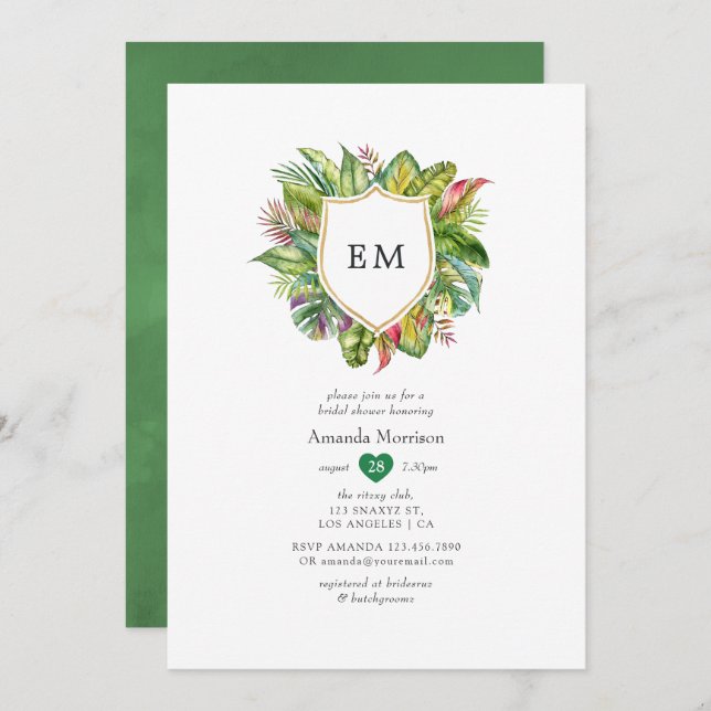 Convite Chá de panela Tropical de Verão de Monograma (Frente/Verso)