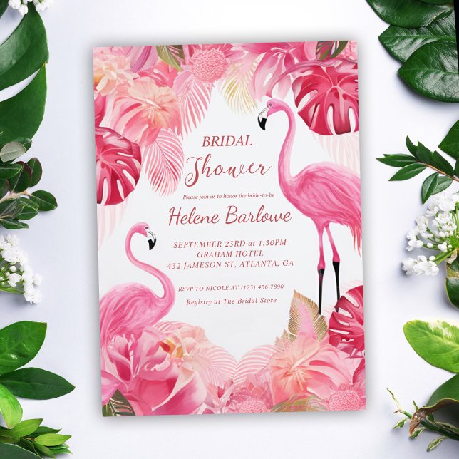 Convite Chá de panela Tropical Flamingo Rosa (Pink Tropical Flamingo Bridal Shower Invitation)