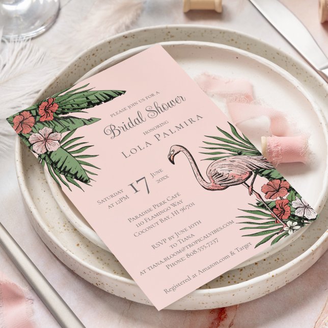 Convite Chá de panela Tropical Floral Flamingo Coral (Elegant Tropical Bridal Shower Design. Hand-Drawn Pink Flamingo, Hibiscus Flowers, Tropical Greenery)