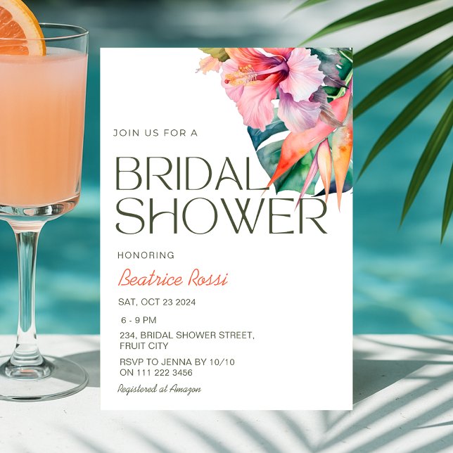 Convite Chá de panela Tropical Floral Hibiscus Hawaiian (Tropical Floral Hibiscus Hawaiian Bridal Shower Invitation)
