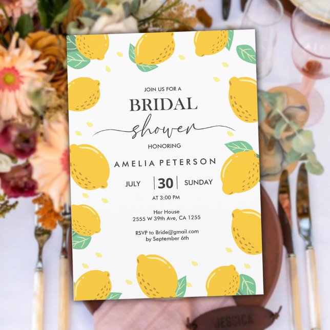Convite Chá de panela Tropical Fresca de Limão (Tropical Fresh Lemon Script Bridal Shower Invitation)