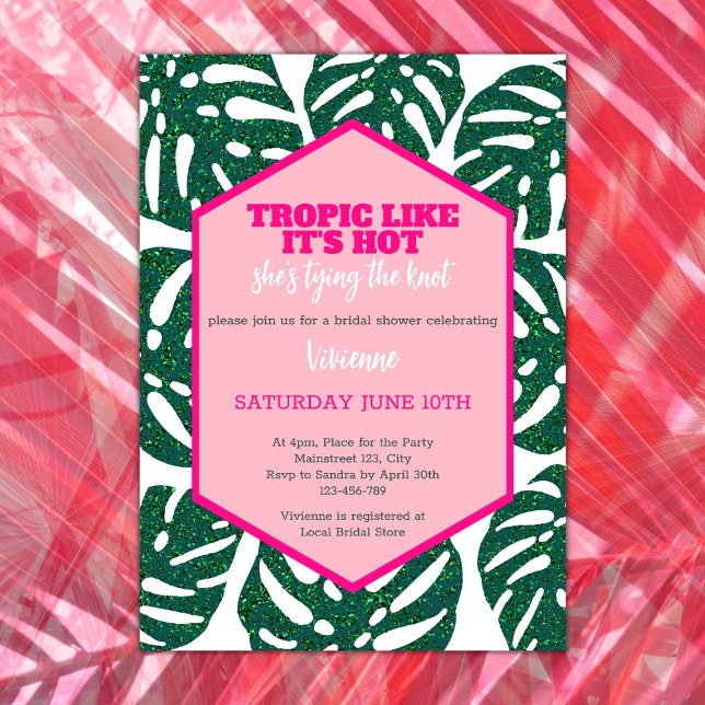 Convite Chá de panela tropical Glitter Rosa Selvagem Monst (tropical bridal shower tropic like its' hot she's tying the knot pink glitter monstera destination)