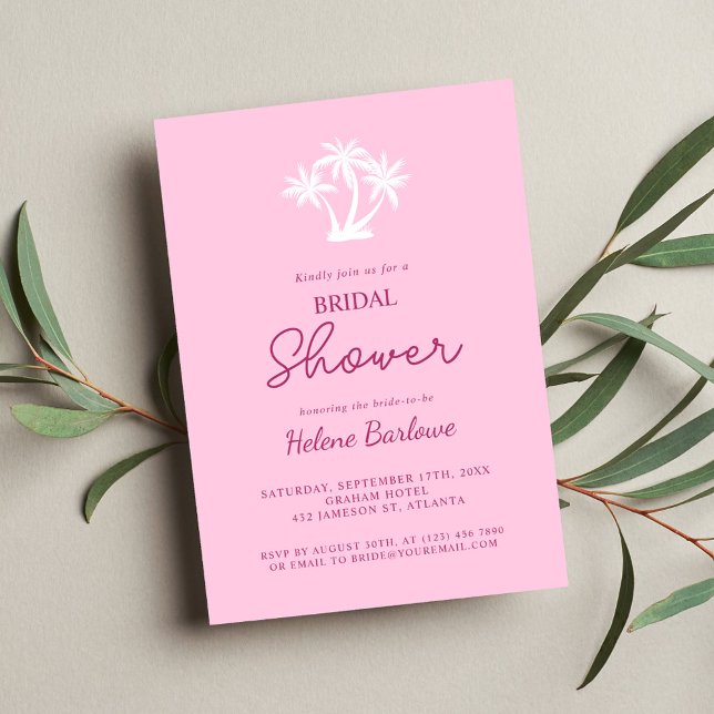 Convite Chá de panela tropical minimalista rosa (Pink Modern Minimalist Tropical Bridal Shower Invitation)