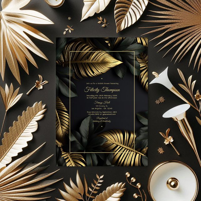 Convite Chá de panela tropical preto e Dourado (Black and Gold Tropical Bridal Shower Invitation)