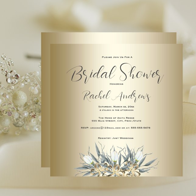 Convite Chá de panela, Tulipas brancas, Dourado (Bridal Shower, White Tulips, Gold Invitation)