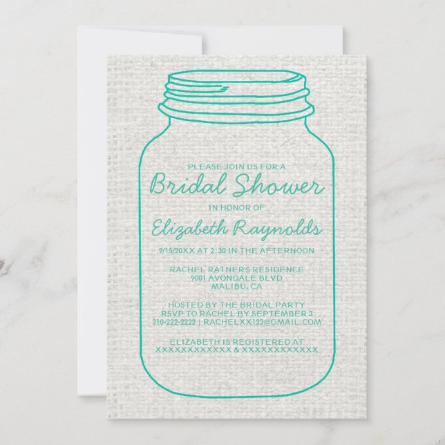 Convite Chá de panela Turquesa Rustic Mason Jar Convida (Frente)