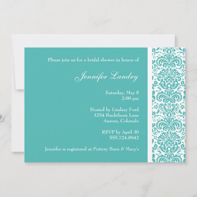 Convite Chá de panela Turquoise Damask (Frente)