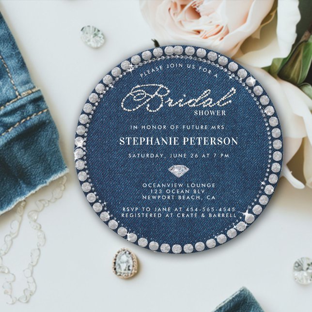 Convite Chá de panela Único de Casamento de Ouros de Denim (denim and diamonds bridal shower invitation big sparkler ring classy stylish chic modern romantic )