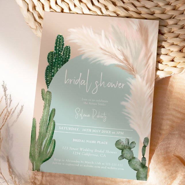 Convite Chá de panela verde-arca Boho cactus pampas (Boho cactus pampas arch green bridal shower invitation)