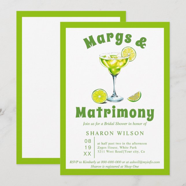 Convite Chá de panela verde-coquetel Margs & Matrimony (Frente/Verso)