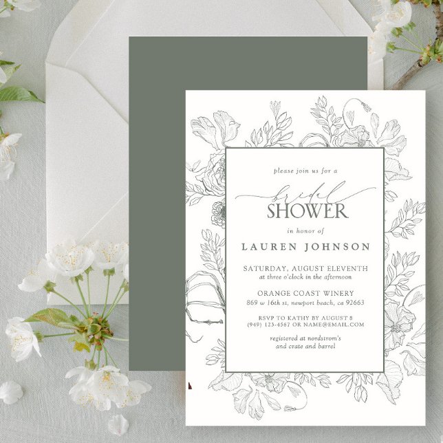 Convite Chá de panela Verde da Sage da Linha Floral Modern (Bridal Shower Invitation)