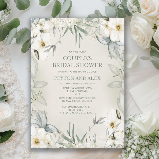 Convite Chá de panela Verde de Casal Floral Branco (White flowers and sage green leaves couple's bridal shower invitation)