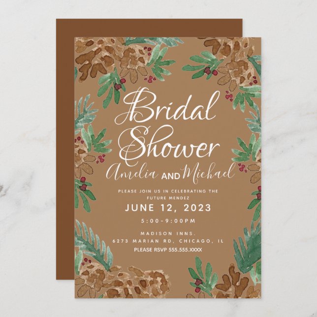 Convite Chá de panela verde de cor d'água castanha Pinecon (Frente/Verso)