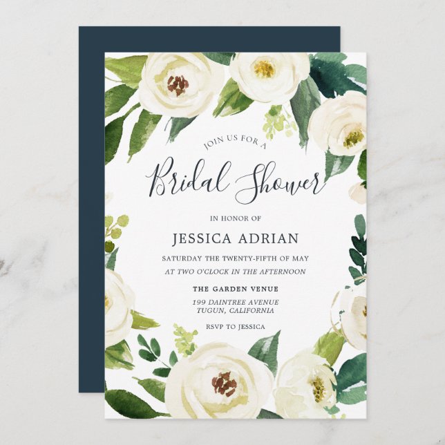 Convite Chá de panela Verde de Flores Brancas (Frente/Verso)