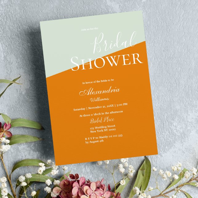 Convite Chá de panela verde de horta laranja moderna geomé (Geometric modern orange mint green Bridal Shower Invitation )