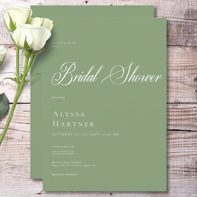 Convite Chá de panela verde e branco clássico mínimo (Minimal Classic Green & White Bridal Shower Invitation)