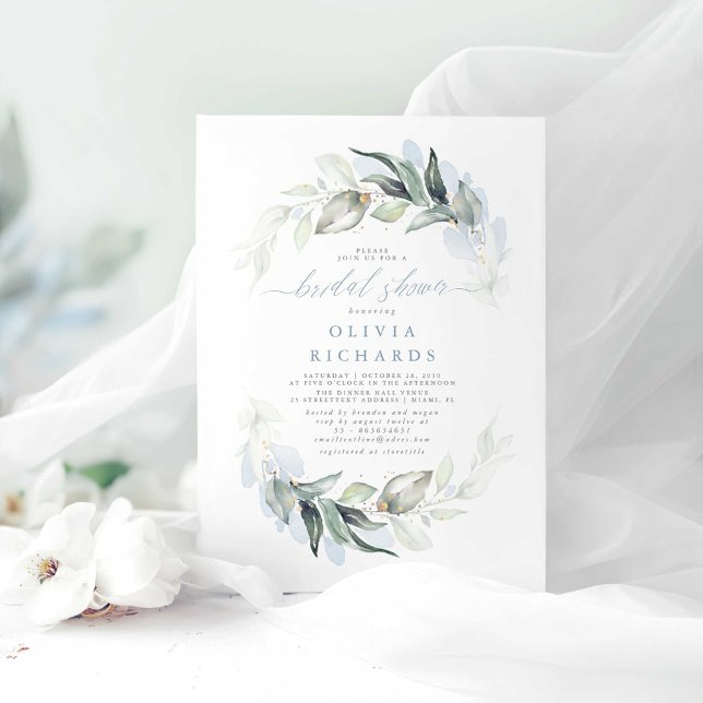 Convite Chá de panela verde Elegante Azul Dusty (Dusty Blue Greenery Bridal Shower Invitations)
