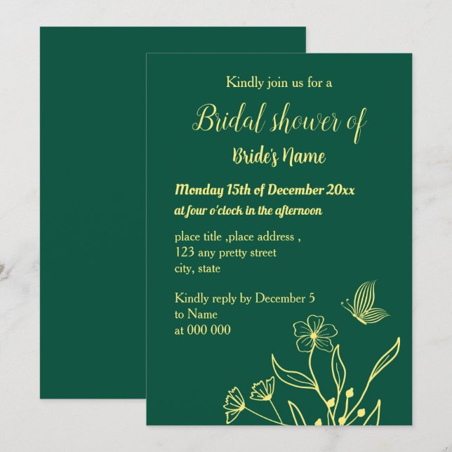Convite Chá de panela verde esmeralda simples flor de ouro (Frente/Verso)