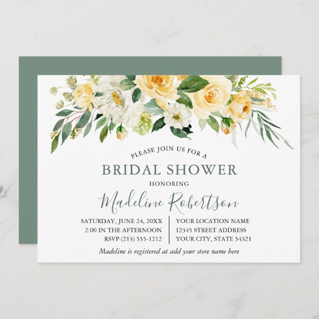 Convite Chá de panela Verde Floral Amarelo de Aquarela (Frente/Verso)