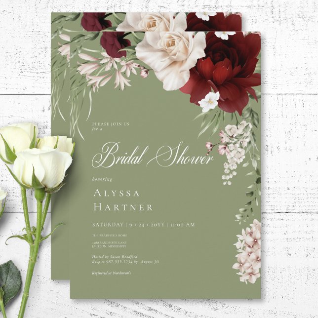 Convite Chá de panela Verde Floral Russo Branco e Borgonha (Rustic White & Burgundy Floral Green Bridal Shower Invitation)