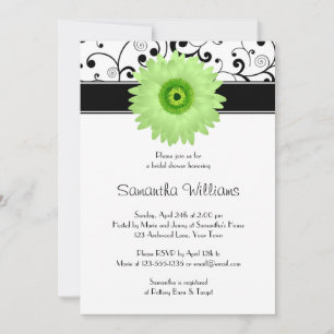 Convite Chá de panela Verde Gerbera Daisy Black Scroll