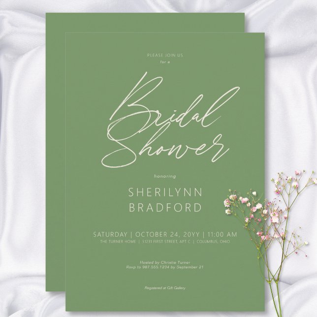 Convite Chá de panela Verde Mínimo Moderno (Modern Minimal Sage Green Bridal Shower Invitation)