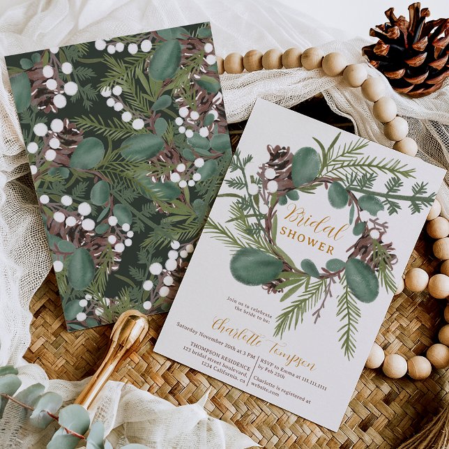 Convite Chá de panela verde moderno de inverno (Modern Bold green wreath winter bridal shower Invitation)