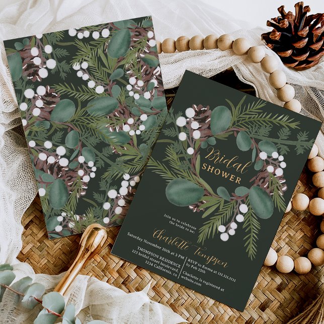 Convite Chá de panela verde moderno de inverno (Modern Bold green wreath winter bridal shower Invitation on deep green)