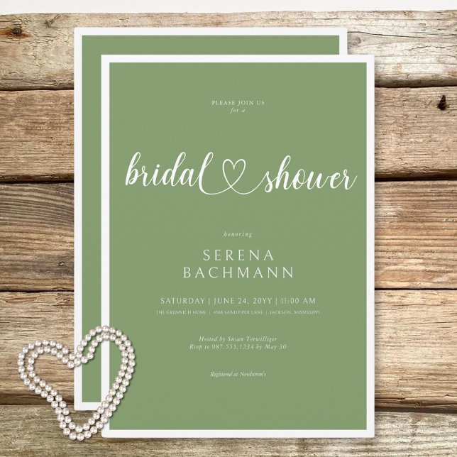 Convite Chá de panela Verde Romântico Mínimo Moderno (Modern Romantic Minimal Sage Green Bridal Shower Invitation)