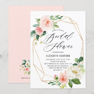 Convite Chá de panela verde-rosa-quadro Dourado geométri