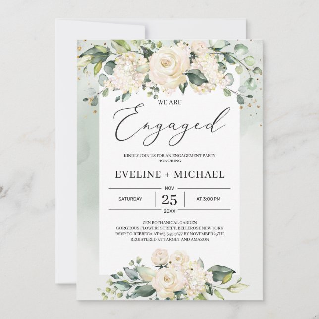 Convite Chá de panela verde rosas brancas boêmicas (Frente)