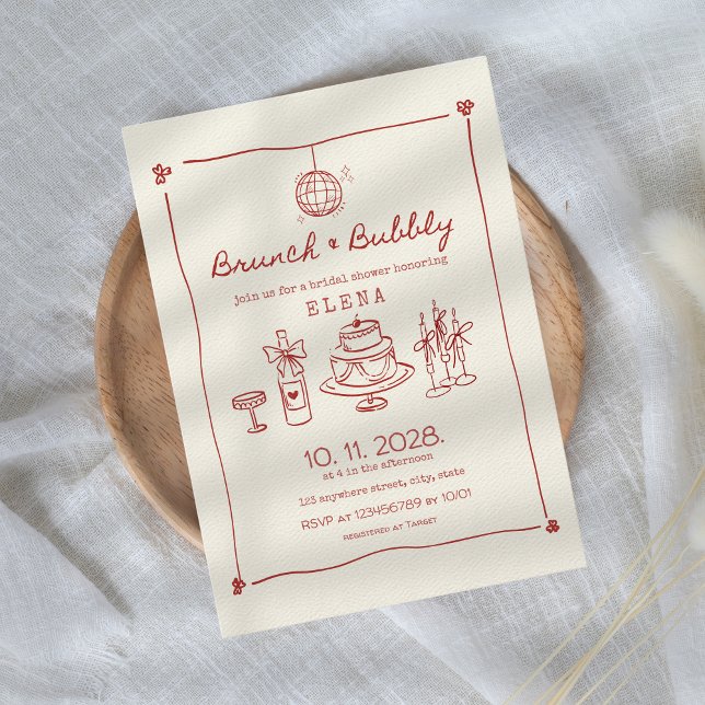 Convite Chá de panela Vermelho Desenhado em Brunch e Bubbl (Brunch & Bubbly Bridal Shower Invitation Hand Drawn Red Hand Illustrated Champagne Let's Toast)