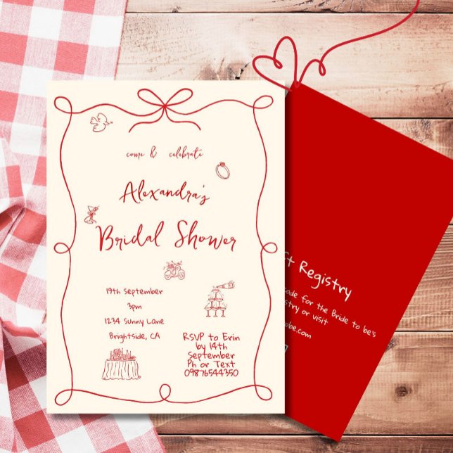 Convite Chá de panela Vermelho Desenhado Mão Vermelha (Criador carregado)