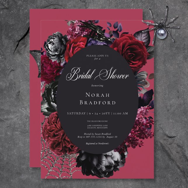 Convite Chá de panela Vermelho Floral de Glam das Bruxas E (Dark Halloween Glam Floral Red Bridal Shower Invitation)