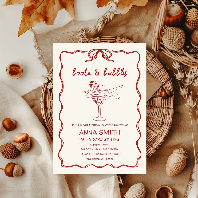 Convite Chá de panela Vermelho Rodeado desenhado à Mão (Boots & Bubbly Hand-drawn Retro Cowgirl Western "let's go girls" bridal shower in Red with Bow)