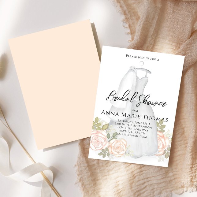 Convite Chá de panela Vestido Elegante Blush Floral (Bridal shower elegant wedding gown calligraphy script invitations.)