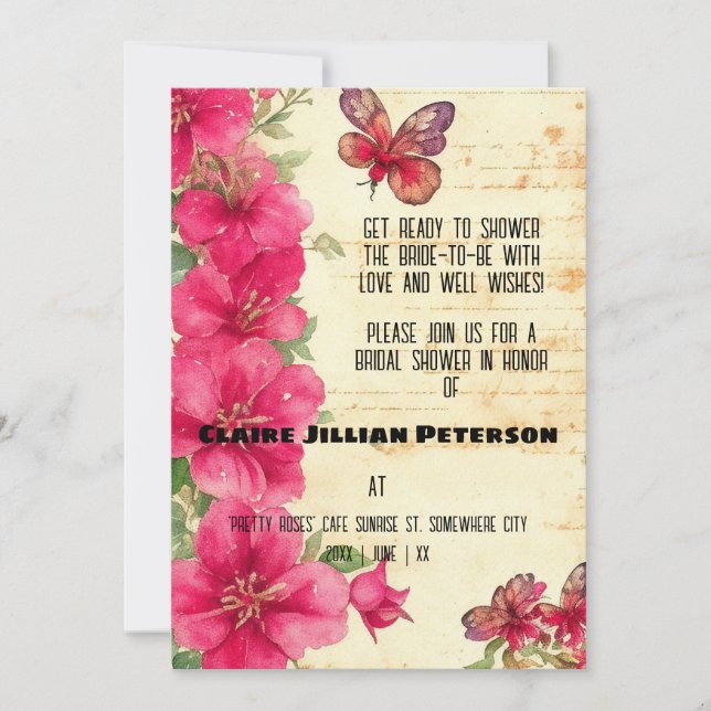 Convite Chá de panela Vintage Ephemera Red Gladiolus (Frente)