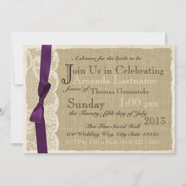 Convite Chá de panela Vintage Lace e Burlap (Frente)