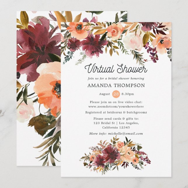 Convite Chá de panela Virtual Bordo Peach Watercolor (Frente/Verso)
