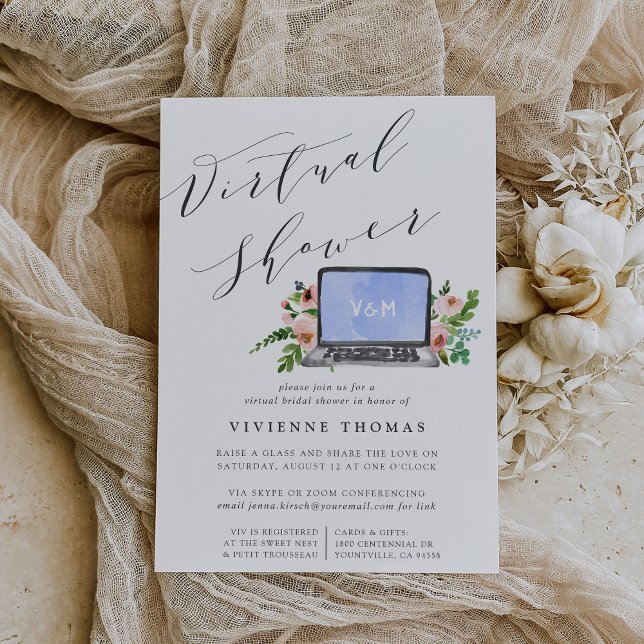 Convite Chá de panela Virtual de Laptop Floral (Criador carregado)