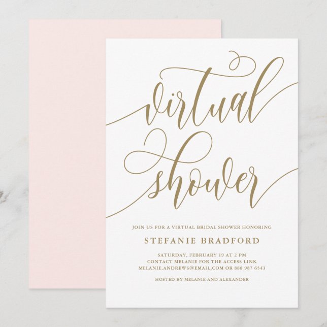 Convite Chá de panela Virtual de Script Bonito Dourado (Frente/Verso)