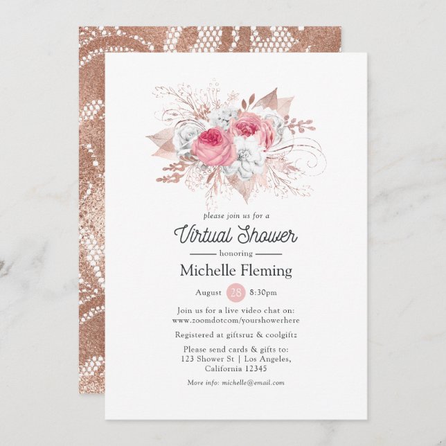 Convite Chá de panela Virtual Floral e Lace (Frente/Verso)