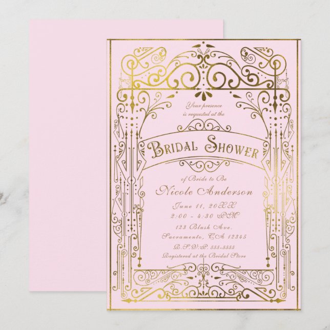 Convite Chá de panela Vitoriano Rosa e Dourado (Frente/Verso)