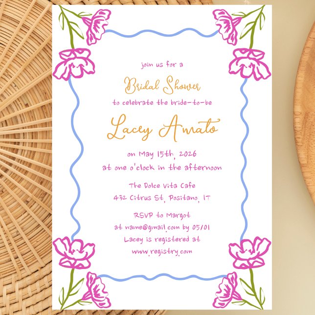 Convite Chá de panela Whimsical Desenhado à Mão Mediterrân (Bougainvillea blooms & citrus vibes make this chic bridal shower invitation a Mediterranean dream!)