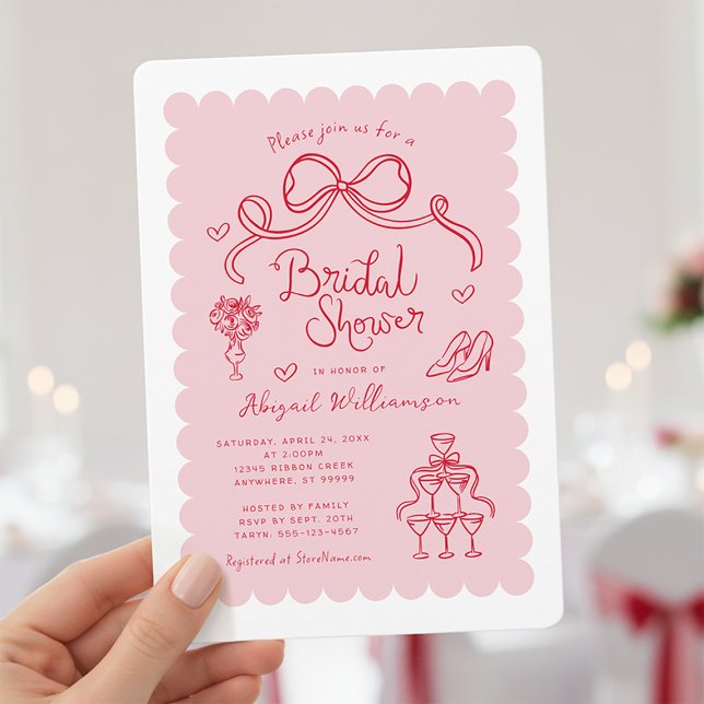 Convite Chá de panela Whimssius Vermelho Cor-de-Rosa (Shown on a 5" x 7" invitation with Rounded Corner Style)