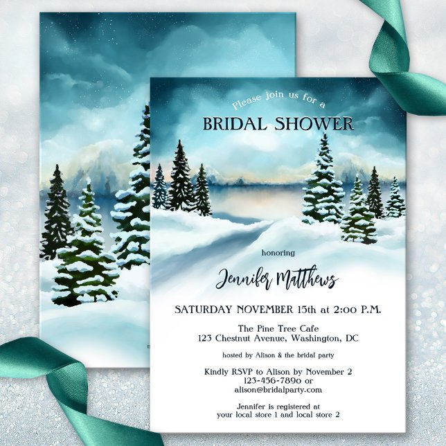 Convite Chá de panela Wonderland Wonderland (Watercolor winter wonderland bridal shower invitation in pretty teal turquoise colors.)