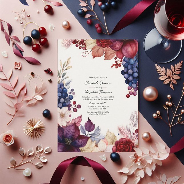 Convite Chá de Provando de vinho Burgundy, Marinho e Blush (Burgundy, Navy and Blush Boho Wine Tasting Shower Invitation)