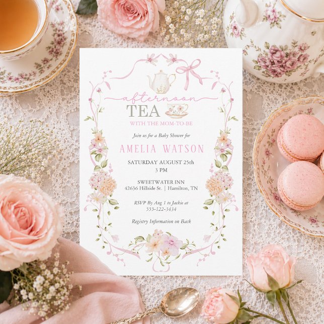 Convite Chá de Quadro Floral com a Mamãe de Baby Shower (Floral Frame Tea with the Mom-to-be Baby Shower Invitation)