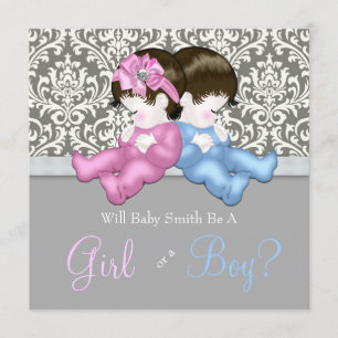 Convite Chá de Revelação de Gênero Damask Cinza Elegante