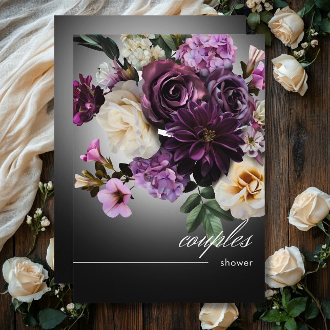Convite Chá de Romance Floral Roxal da Meia-Noite Escura (Dark Midnight Purple Floral Romance Couples Shower Invitation)